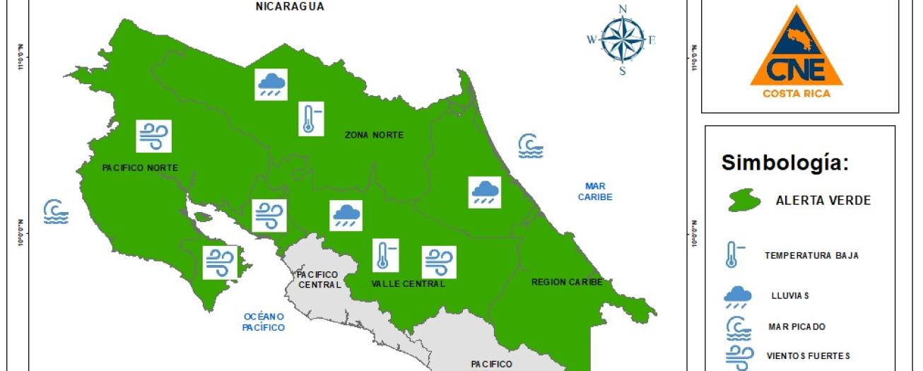 CNE declara alerta verde en la mayor parte del país por frente frío