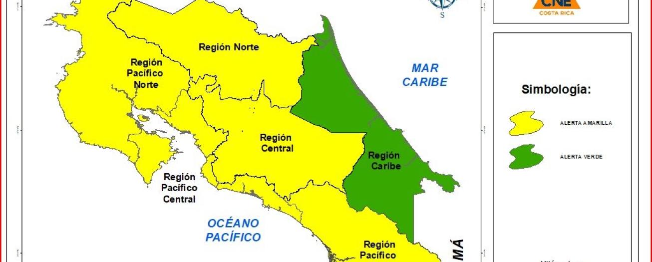 CNE declara alerta amarilla para la Vertiente del Pacífico, la Zona Norte y el Valle Central