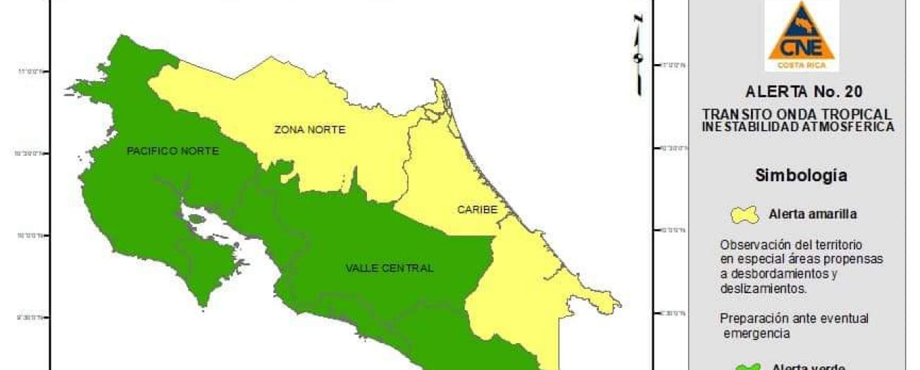 CNE declara alerta amarilla para la Zona Norte y el Caribe, por el paso de la Onda Tropical #23 