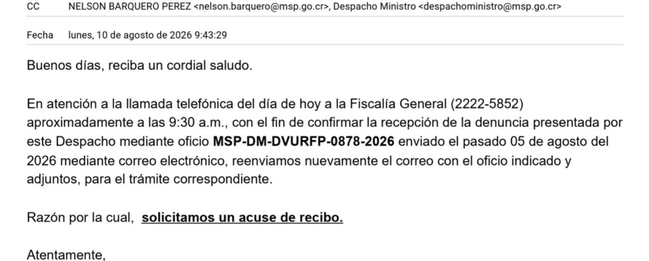Ministerio de Seguridad Pública insiste ante la Fiscalía General confirmar recepción de denuncia